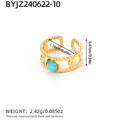 Adjustable gold stainless steel ring with twisted band and round turquoise stone inlay - Turquoise Style (BYJZ240622-10)