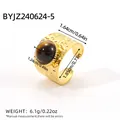18K gold-plated vintage ring with brown tiger eye stone and hammered metal texture - Hammered Tiger Eye Style (BYJZ240624-5) / Gold With Tiger Eye (BYJZ240624-5)