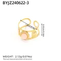 Gold plated stainless steel open ring with pink natural stone and sunburst pattern - Light Pink Stone (BYJZ240622-3)