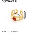 French vintage style 18K gold stainless steel open ring with round red natural stone - Red Gemstone Style (BYJZ240622-11)
