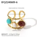 French vintage style 18K gold stainless steel open ring with turquoise and natural stones - Hollow Multi-layer Wire Tri-color Cabochon Stone Style (BYJZ240609-6)