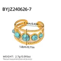 Detail of 18K gold plated ring with five blue turquoise stones and rope textures - Adjustable Open / Gold Inlaid Turquoise Stone (BYJZ240626-7)
