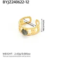 Adjustable golden stainless steel ring featuring a round grey-green natural stone - Grey Green Gemstone Style (BYJZ240622-12)