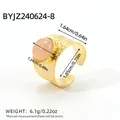 Gold stainless steel hammered ring with round pink stone inlay and adjustable band - Hammered Pink Stone Style (BYJZ240624-8) / Gold With Pink Stone (BYJZ240624-8)