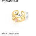 Adjustable gold plated stainless steel ring with pink natural stone and sun moon carvings - Pink Gemstone Style (BYJZ240622-13)