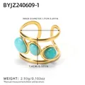 Exaggerated gold stainless steel ring with hollow design and three green turquoise stones - Blue-Green Stone Style (BYJZ240609-1)