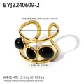 Exaggerated gold stainless steel open ring featuring three black oval gemstones - Black Stone Style (BYJZ240609-2)