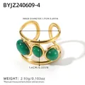 Adjustable golden stainless steel ring with three round green agate gemstones - Dark Green Stone Style (BYJZ240609-4)