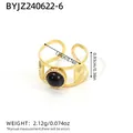 Vintage style 18K gold plated stainless steel ring with round black stone and sunburst pattern - Sunburst Engraved Style (R01-2-240622-6) / Gold/Black