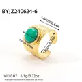 Hammered 18K gold stainless steel ring featuring a round green natural stone inlay - Hammered Single Stone Style (R01-2-240624-6)