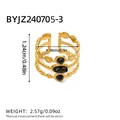 Gold layered hollow ring featuring three oval black natural stones in vintage style - Multi-Layer Wavy Style (R02-2-240705-3) / Gold/Black