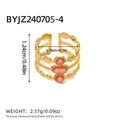 Gold layered wave ring with three pink stones and beaded edges for women - Triple Layer Beaded Wave Style (BYJZ240705-4)