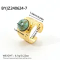 18K gold plated stainless steel wide ring featuring a green natural stone and hammered texture - Hammered Turquoise Style (BYJZ240624-7) / Gold With Turquoise Color (BYJZ240624-7)