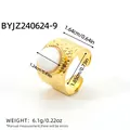 Retro 18K gold plated stainless steel ring with hammered texture and white stone inlay - Gold With White Faux Pearl (BYJZ240624-9)