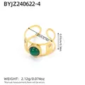 18K gold-plated stainless steel open ring featuring a round green natural stone inlay - Sunburst Texture Single Stone Style (R01-2-240622-4)