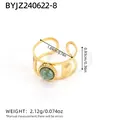 French vintage 18K gold plated stainless steel ring with round green natural stone inlay - Sunburst Geometric Hollow Style (R01-2-240622-8)