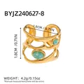 Vintage 18K gold-plated stainless steel open ring with green stones and hollow design - Flowing Line Hollow Double Green Stone Style (BYJZ240627-8)