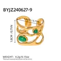 French vintage 18K gold stainless steel open ring with two green stones - Hollow Wave Double Stones Style (R01-2-240627-9)