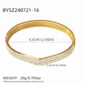 Golden V-shaped stainless steel bangle with three rows of rhinestones, 6.6cm diameter - V-Shape Three-Row Rhinestone Style (BYSZ240721-16)