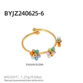 Bague réglable en acier inoxydable or 18k avec perles de fleurs colorées - Style trois petites fleurs (A7-4-240812-6) / Coloré