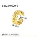 Adjustable 18k gold plated leaf design ring in stainless steel for women - Olive Leaf Texture Style (BYJZ240620-6)