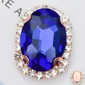 Cristal de verre bleu ovale serti de griffes avec strass blancs et base or rose - 12*14mm (Gemme principale 8*10mm) / Base Or Bleu Royal