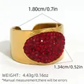 Golden wide open ring with oval red crystal pave setting and product dimensions - Oval Red Rhinestone Ring (A11-3-250627-7)