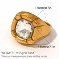 Vintage titanium steel ring with large square zircon and gold-plated textured band - Square Cushion Cut Large Profile Style (A8-2-250507-7)