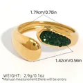 Gold-plated stainless steel open ring featuring a green zircon inlay and irregular design - Teardrop and Oval Mixed Pave Style (A13-2-250721-3)