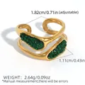 Irregular 18k gold plated stainless steel open ring with green zircon stones - Double Layer Teardrop Green Pave Style (A14-2-250803-6)