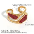 Adjustable golden stainless steel ring with double-layered band and red zircon accents - Double Layer Red Zirconia Open Ring (A14-2-250803-8)