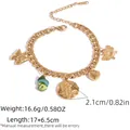Gold charm bracelet featuring hollow butterfly, green gem, and rose coin pendants - Butterfly Rose Round Pendant Bracelet (H8-2-250930-5)