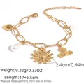 Gold hollow daisy flower charm bracelet with pearl and heart pendants on white background - Daisy Pendant Faux Pearl Bracelet (H8-2-250930-6)