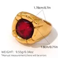 Men's vintage golden stainless steel signet ring with a large red square zircon stone - Red Square Zircon Signet Ring (A8-4-250507-7)
