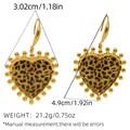 Golden heart-shaped leopard print earrings with beaded edge and measurement details - Large Heart Beaded Leopard Earrings (H2-ED25108-4)