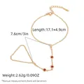 Gold finger bracelet with three round red gemstones and sizing measurement details - Red Gemstone Hand Chain Bracelet (B01-5-250927-6)