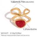 Adjustable golden double band ring featuring elegant red pavé zircon stones for women - Streamline Irregular Red Zirconia Open Ring (A16-2-250825-4)