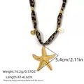 Golden starfish necklace with leopard print fabric cord and small seashell charms - Starfish Pendant Leopard Fabric Necklace (N01-6-250220-5) / 41+6.6cm