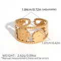 Bague fleur ajustable en acier doré 18k avec bord perlé et détails de dimensions - Style de Pétales Creux (A16-3-250826-4) / Or
