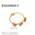 Bague vintage française en acier doré avec fleurs en perles orange et anneau ouvert - Style trois petites fleurs (A7-4-240812-1) / Orange