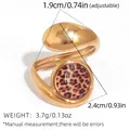 Adjustable golden ring with leopard print circular inlay and 1.9cm polished finish - Round Leopard Style (A13-3-250721-2)