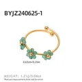 Bague dorée vintage avec fleurs vertes et mesures précises pour femme élégante - Style trois petites fleurs (A7-4-240812-4) / Vert