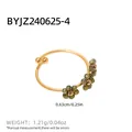 Bague vintage dorée avec marguerites perlées vertes et anneau ouvert réglable - Style trois petites fleurs (A7-4-240812-3) / Vert
