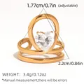 Adjustable golden stainless steel ring with a sparkling heart-shaped zircon crystal - Triple Layer Heart Zirconia Style (A6-6-250721-1)