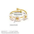 Adjustable golden flower ring with white pearls and detailed size measurements - Three Small Flowers Style (A7-4-240812-10) / White Faux Pearl