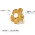 Bague fleur dorée avec perle blanche et anneau réglable pour femme détails de taille - Style grande fleur perle artificielle dorée (A15-1-250303-8)