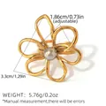 Bague fleurs française en acier inoxydable doré avec anneau ouvert ajustable élégant - Style fleur perle en métal dorée ajourée (A7-2-250507-7)