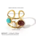 Vintage-Ring aus 18k vergoldetem Edelstahl mit drei bunten ovalen Natursteinen, offenes Design - Dreifarbiger Edelstein Vintage Doppelschicht-Stil (BYJZ240609-6)