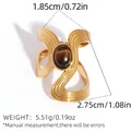Gold plated stainless steel wave ring featuring an oval tiger eye stone inlay - Gold with Tiger Eye (BJZ-251111-1)
