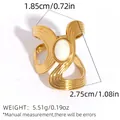 Golden wavy stainless steel ring featuring a polished oval white gemstone inlay - Gold with White Stone (BJZ-251111-3)